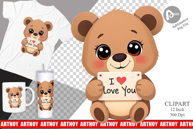 Valentine Bear Cartoon Clipart Sublimation artnoy 