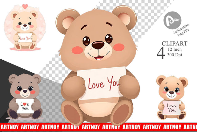 Valentine Bear Cartoon Clipart Sublimation artnoy 