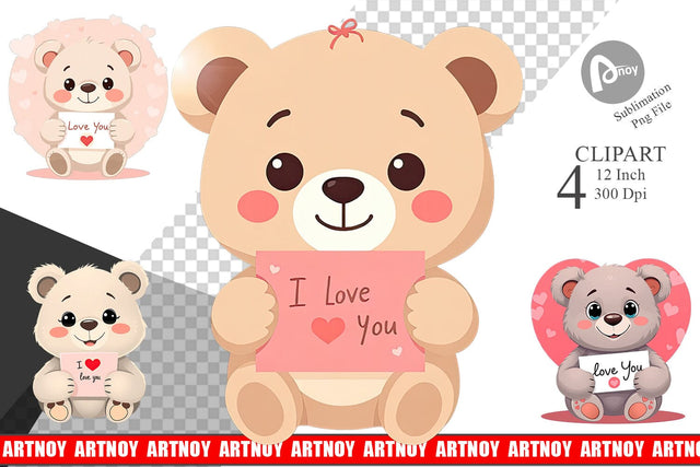 Valentine Bear Cartoon Clipart Sublimation artnoy 