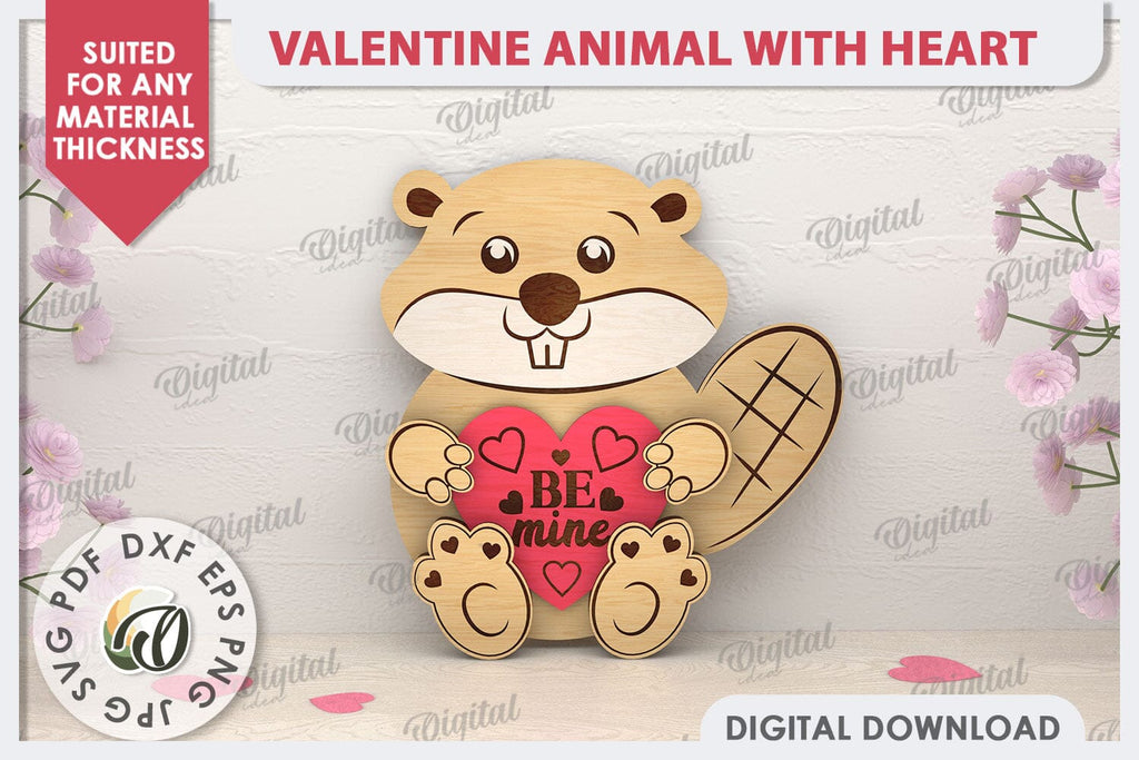 Valentine Beaver with Heart Laser Cut. Cute Animals SVG - So Fontsy