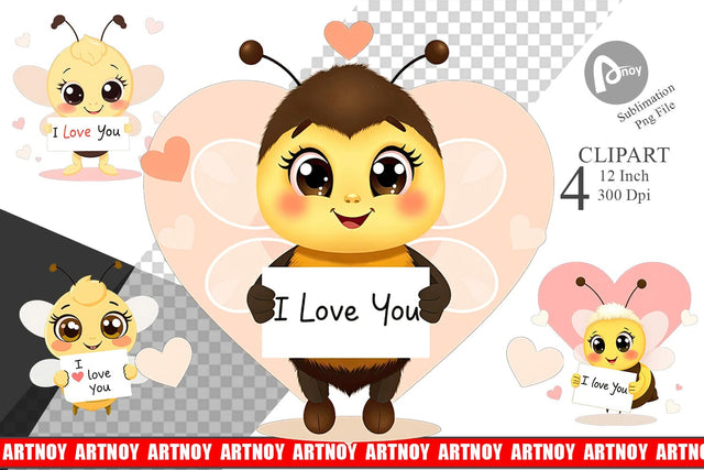 Valentine Bee Cartoon Clipart Sublimation artnoy 