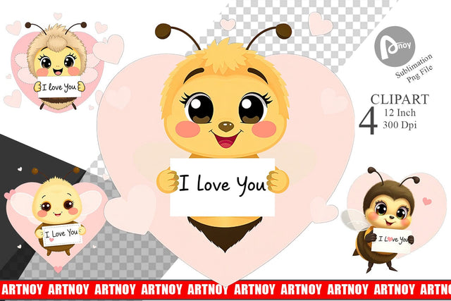 Valentine Bee Cartoon Clipart Sublimation artnoy 