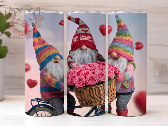 Valentine Bicycle Gnomes Tumbler, Valentine's Day, Bicycle Ride, Floral Theme, Romantic Gift, 20Oz Tumbler, Sublimation Wrap Sublimation Lara' s Designs 