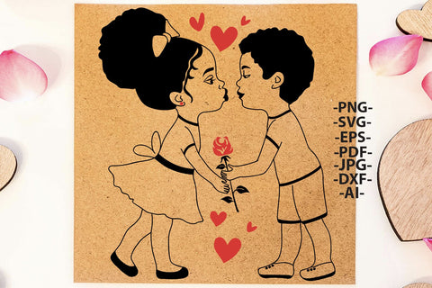 Valentine Black Kids Holding Rose SVG PNG PDF DXF EPS JPG AI Cute Afro Love Clipart Design for Cricut and Sublimation SVG 1uniqueminute 