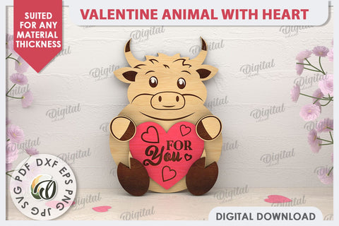 Valentine Bull with Heart Laser Cut. Cute Animals SVG SVG Evgenyia Guschina 