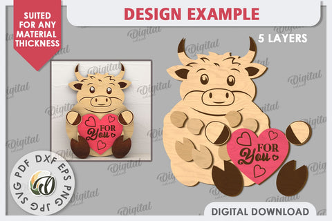 Valentine Bull with Heart Laser Cut. Cute Animals SVG SVG Evgenyia Guschina 