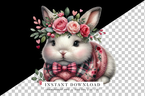 Valentine Bunny Clipart - Adorable Rabbit with Floral Crown Sublimation BijouBay 