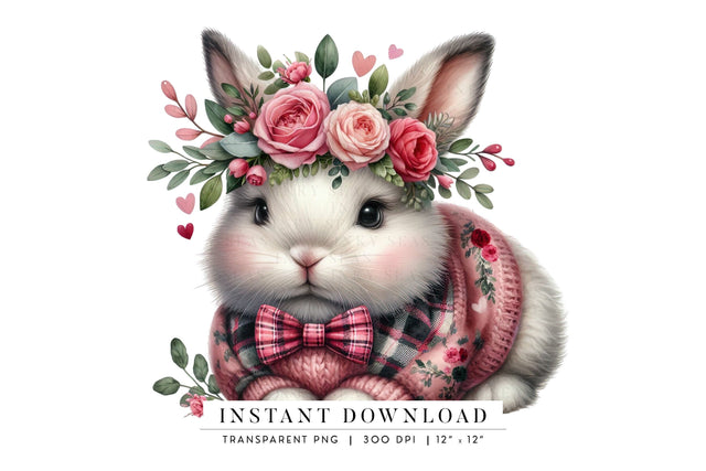 Valentine Bunny Clipart - Adorable Rabbit with Floral Crown Sublimation BijouBay 