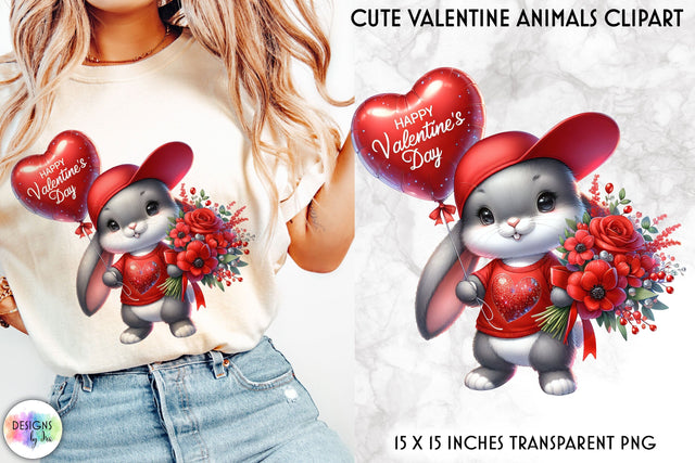 Valentine Bunny with Red Roses and Heart Balloon Sublimation Designs by Ira 