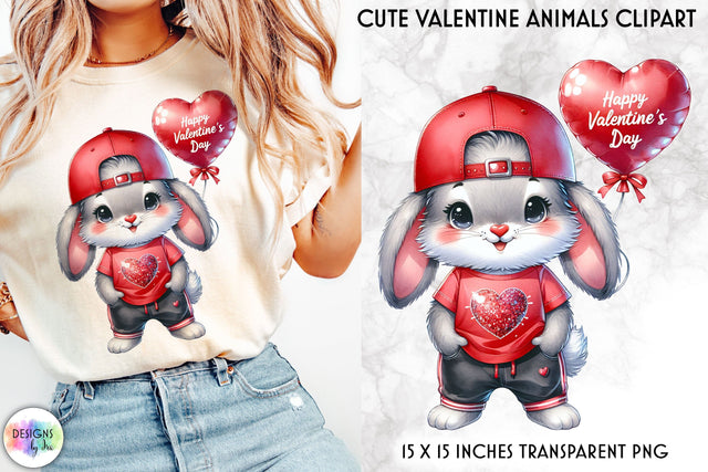 Valentine Bunny with Red Roses and Heart Balloon Sublimation Designs by Ira 