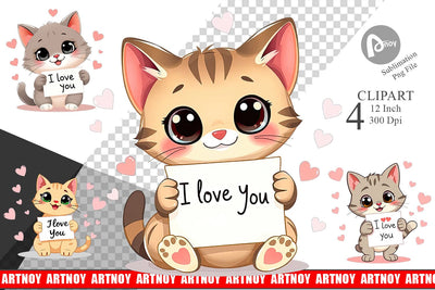 Valentine Cat Cartoon Clipart Sublimation artnoy 