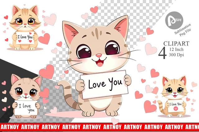 Valentine Cat Cartoon Clipart Sublimation artnoy 
