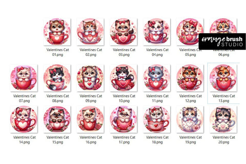 Valentine Cat Keychain Bundle, Round Keychain Sublimation Sublimation OrangeBrushStudio 