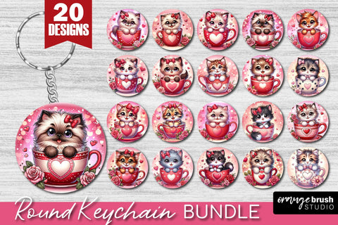 Valentine Cat Keychain Bundle, Round Keychain Sublimation Sublimation OrangeBrushStudio 
