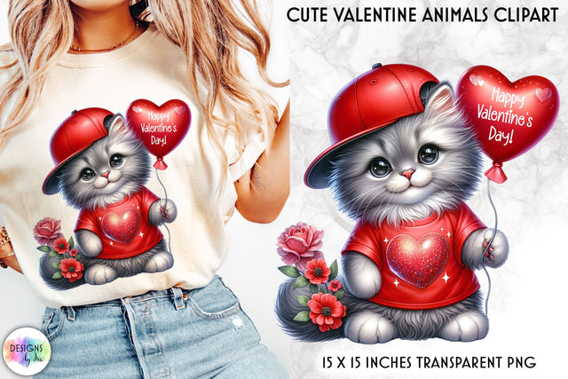 Valentine Cat with Red Roses and Heart Balloon Sublimation Designs by Ira 