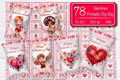 Valentine Chip Bag Bundle template Printable party favor Valentine's gift Watercolor heart and Angels PNG Sublimation Createya Design 