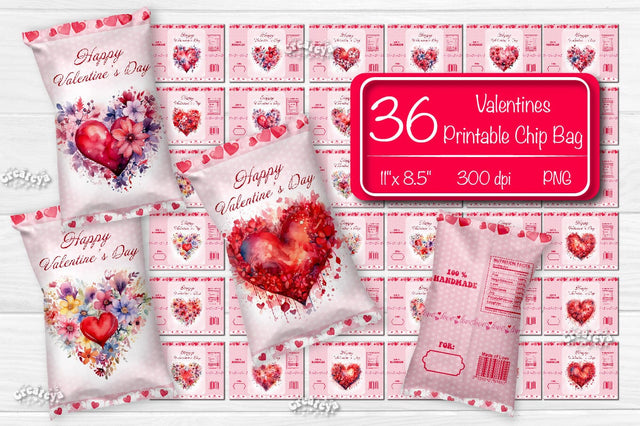 Valentine Chip Bag Bundle template Printable party favor Valentine's gift Watercolor heart PNG Sublimation Createya Design 