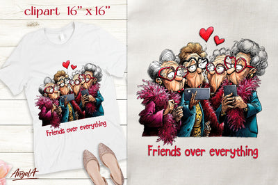 Valentine clipart Elderly ladies Friendship Funny quote Sublimation Angelina Semenova 