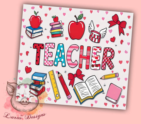 Valentine Coquette Teacher 20oz Tumbler, 20oz Teacher Gift, Sublimation Tumbler Wrap, Cute Teacher Tumbler, Valentine’s Day Gift for Teacher, Coquette Heart Pattern Sublimation Lara' s Designs 