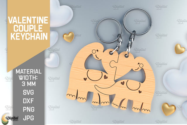 Valentine Couple Keychain. Dino Keychain Laser Cut SVG Evgenyia Guschina 