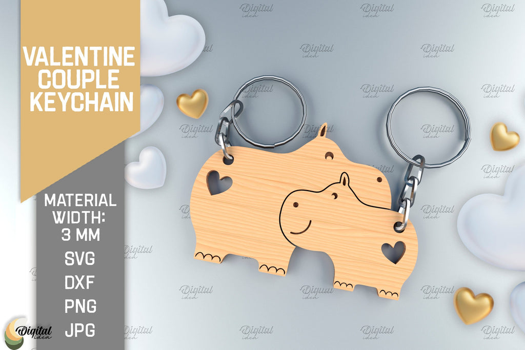 Valentine Couple Keychain. Hippo Keychain Laser Cut - So Fontsy