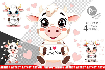 Valentine Cow Cartoon Clipart Sublimation artnoy 