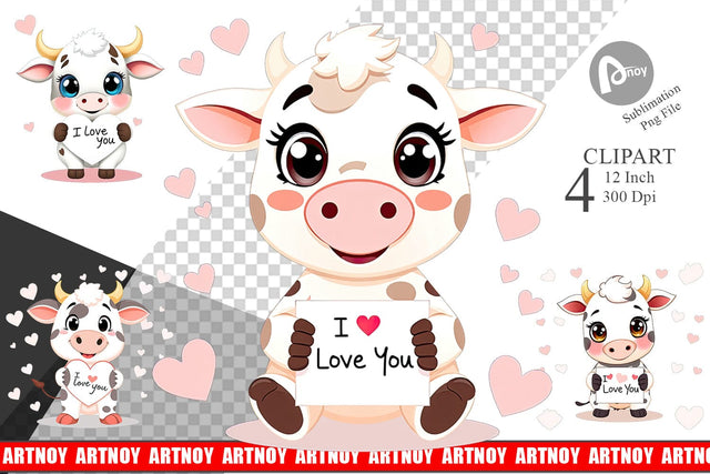 Valentine Cow Cartoon Clipart Sublimation artnoy 