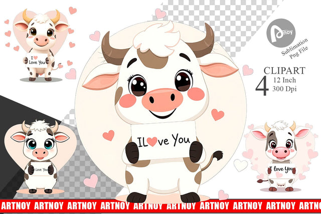 Valentine Cow Cartoon Clipart Sublimation artnoy 