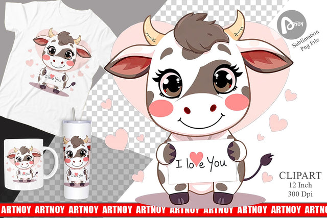 Valentine Cow Cartoon Clipart Sublimation artnoy 
