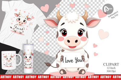 Valentine Cow Cartoon Clipart Sublimation artnoy 
