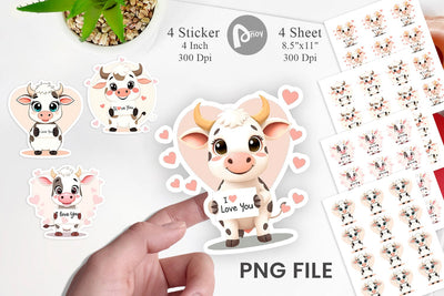 Valentine Cow Cartoon Sticker Sublimation artnoy 