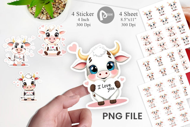 Valentine Cow Cartoon Sticker Sublimation artnoy 