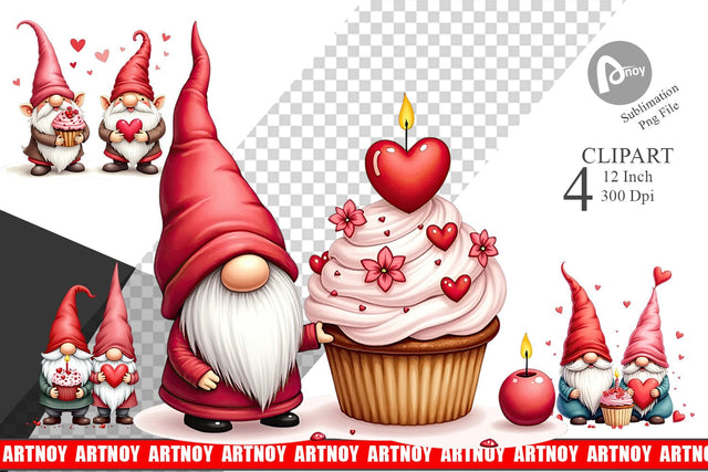 Valentine Cupcake Gnome Clipart Sublimation artnoy 