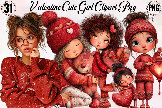 Valentine Cute Girl Clipart Bundle. Sublimation SVGArt 