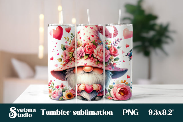 Valentine cute gnome flower hearts tumbler wrap 20 Oz Sublimation Svetana Studio 