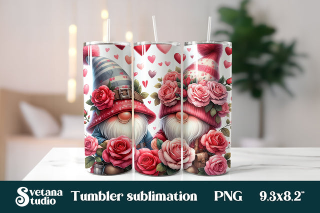 Valentine cute gnome rose flower hearts tumbler design Sublimation Svetana Studio 