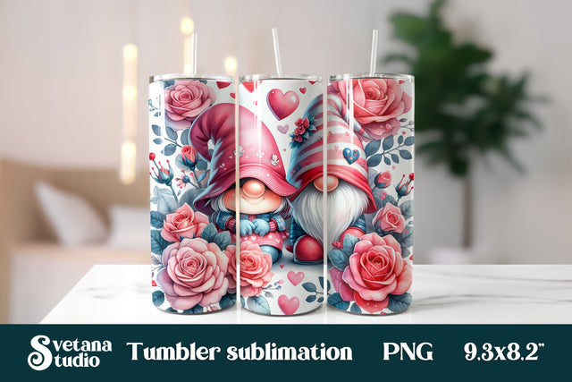 Valentine cute gnome rose flower hearts tumbler PNG Sublimation Svetana Studio 