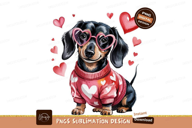 Valentine Dachshund Watercolor Wearing Heart Glasses Sublimation Designangry 