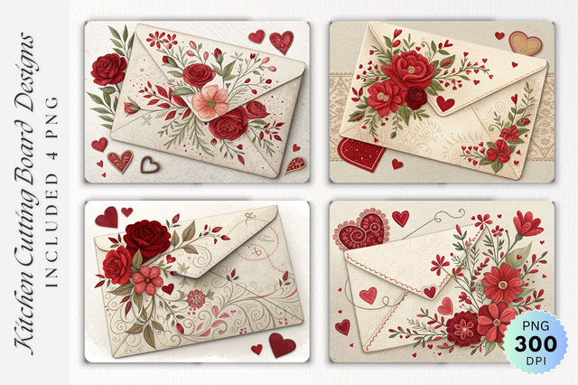 Valentine Day Envelope Cutting Board with Floral Heart Decor Sublimation Regulrcrative 