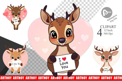 Valentine Deer Cartoon Clipart Sublimation artnoy 