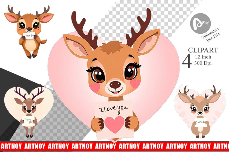 Valentine Deer Cartoon Clipart Sublimation artnoy 