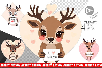 Valentine Deer Cartoon Clipart Sublimation artnoy 
