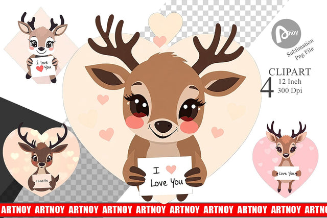 Valentine Deer Cartoon Clipart Sublimation artnoy 
