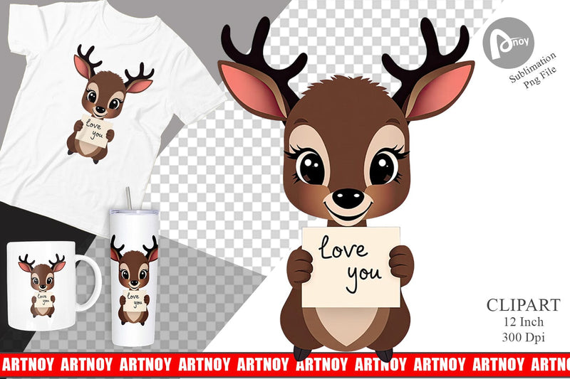 Valentine Deer Cartoon Clipart Sublimation artnoy 