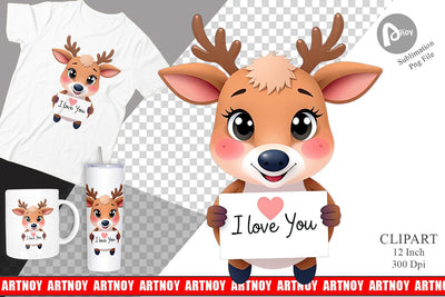 Valentine Deer Cartoon Clipart Sublimation artnoy 