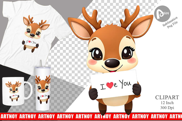 Valentine Deer Cartoon Clipart Sublimation artnoy 