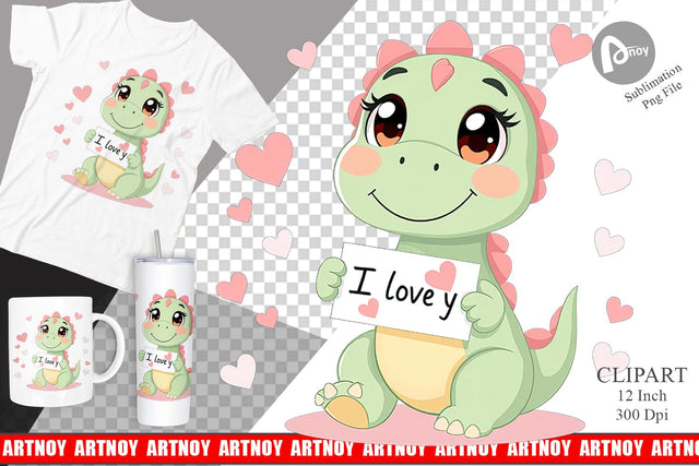 Valentine Dinosaur Cartoon Clipart Sublimation artnoy 