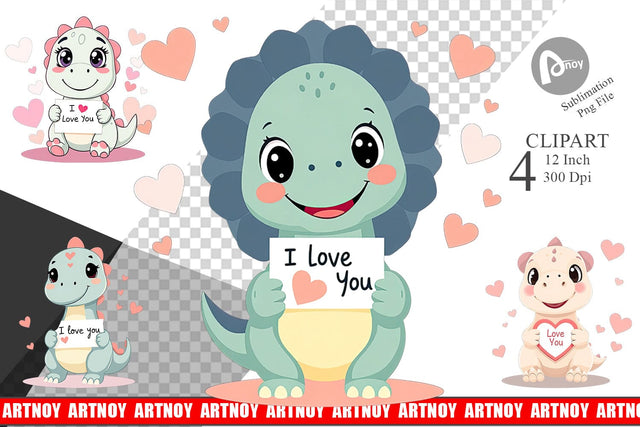Valentine Dinosaur Cartoon Clipart Sublimation artnoy 