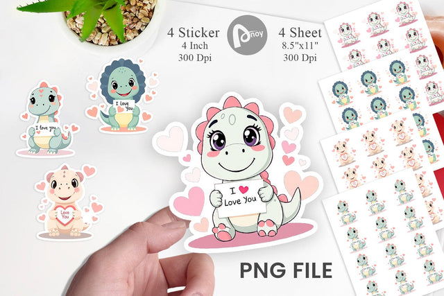 Valentine Dinosaur Cartoon Sticker Sublimation artnoy 