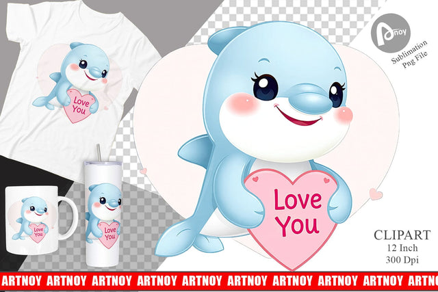Valentine Dolphin Cartoon Clipart Sublimation artnoy 